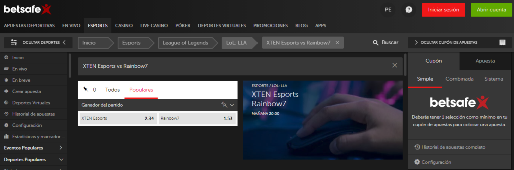 Apostar en LoL con Betsafe - XTEN vs. Rainbow7