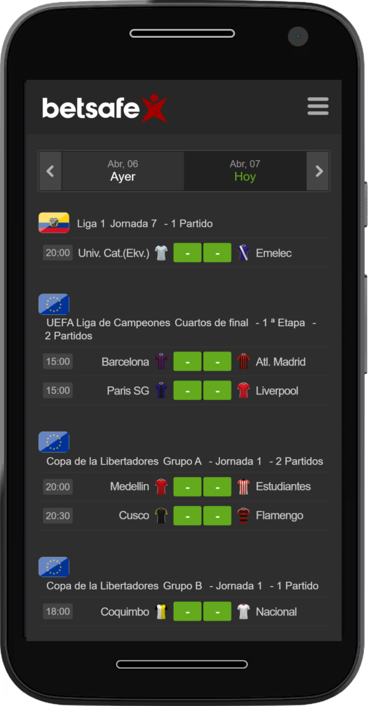 Menú principal de la Betsafe score App